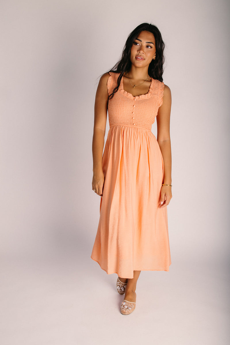 The Cordova Smocked Detail Midi Dress in Light Orange – Piper & Scoot
