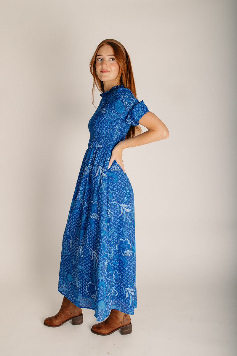 The Bermy Smocked Maxi Dress in Blue Multi Medium