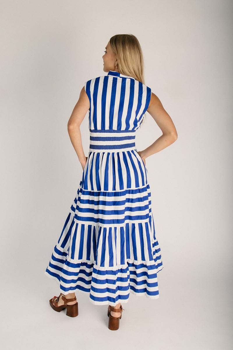 blue and white striped cocktail dress Striped Smocked Mini Dress-Blue
