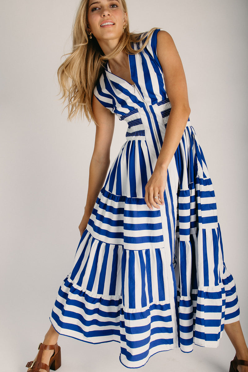 maxi striped dress The Frezza Striped V-Neck Maxi Dress in Blue Large