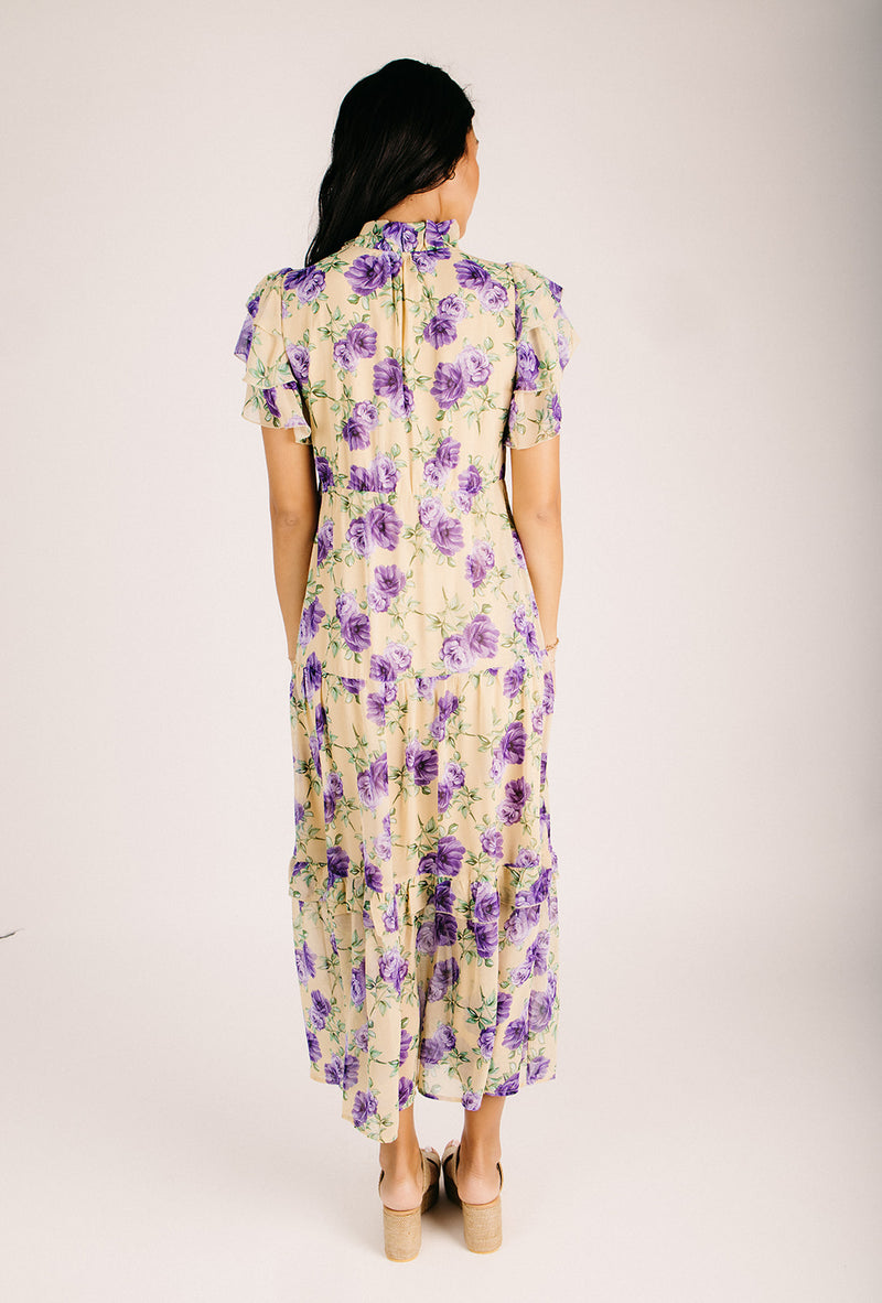 purple floral dress The Palmview Tiered Ruffle Maxi Dress in Light Mustard Small