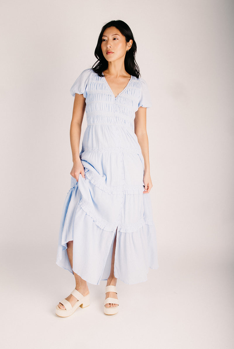 blue layered maxi dress Blue Floral Tiered Maxi Dress - Romantic Dresses
