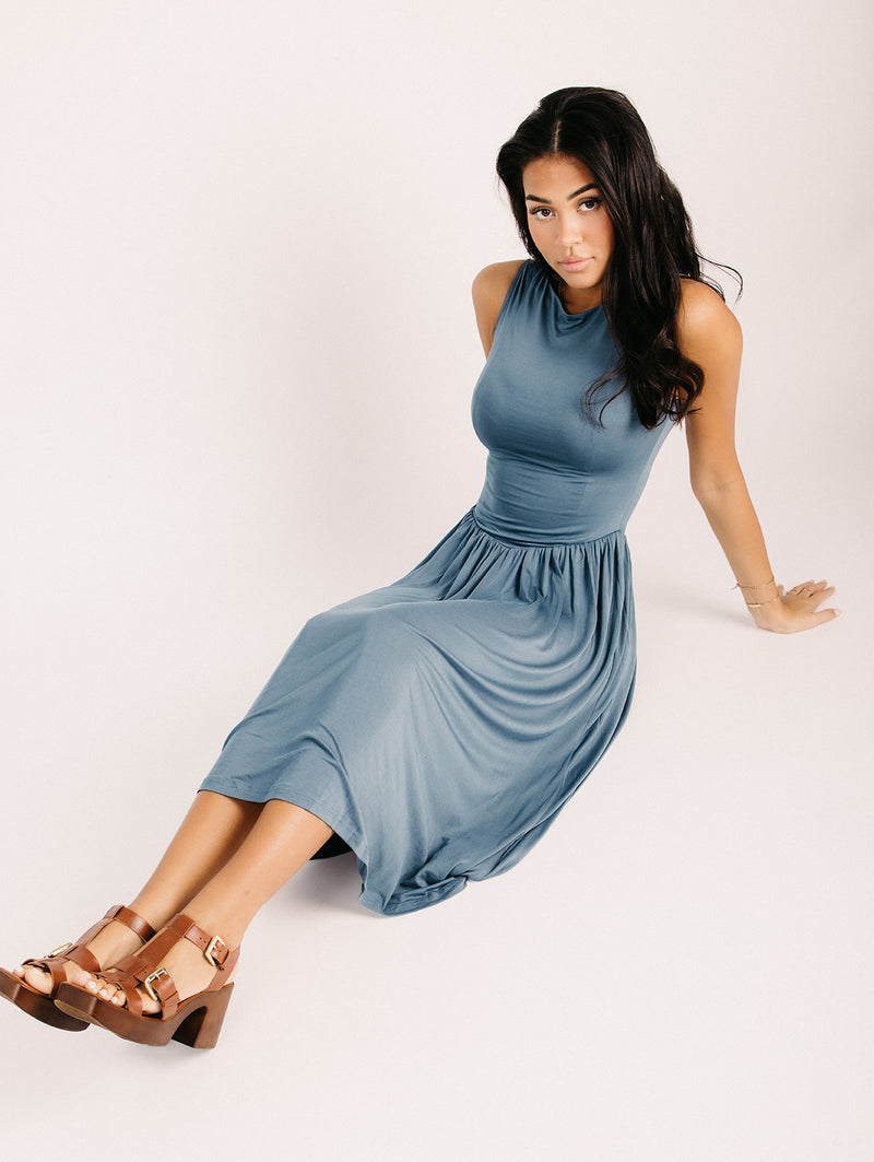 blue boatneck dress Dusty Blue boat neck Flared-Top Maxi Dress