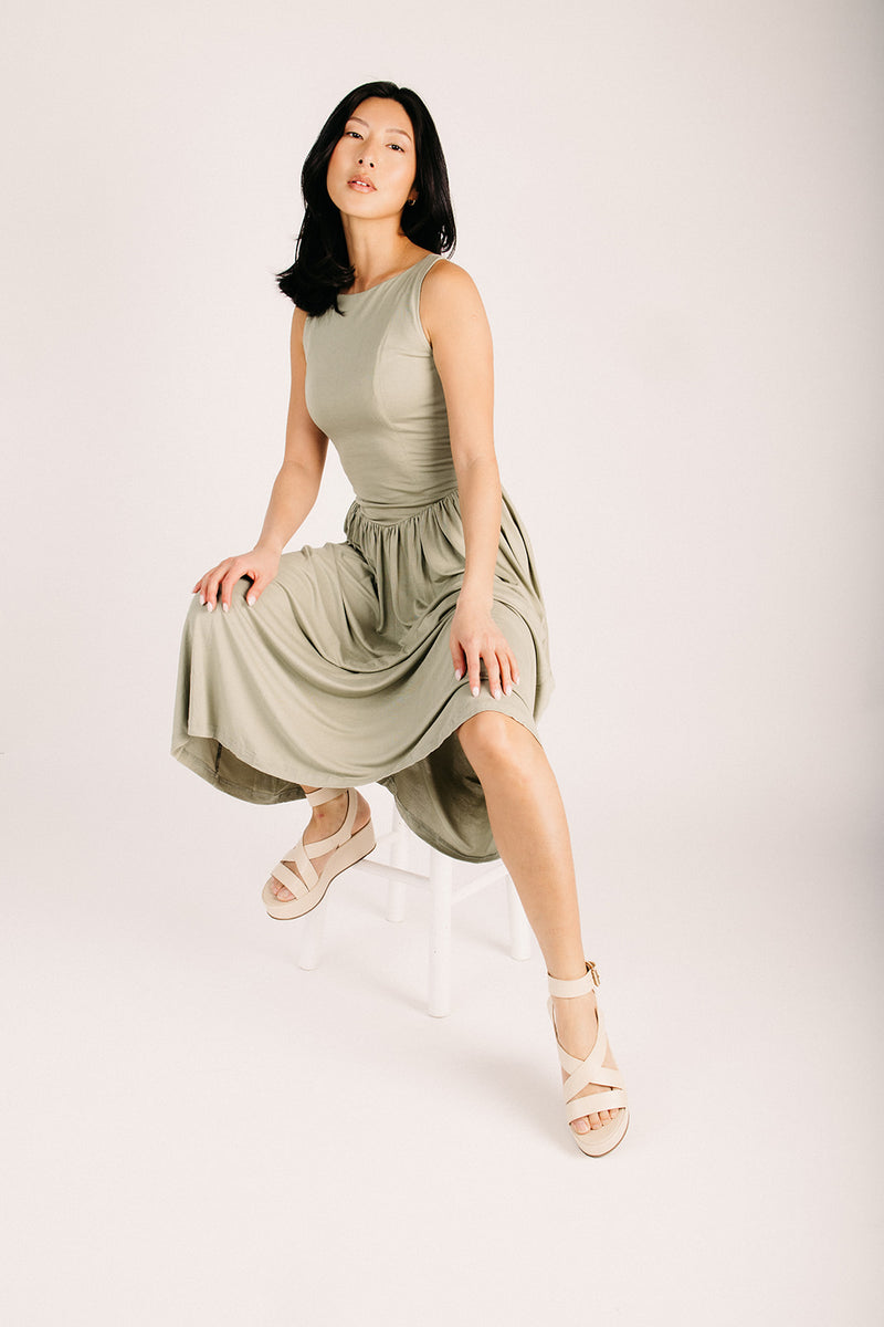 boat neck midi dress The Vora Boat Neck Midi Dress in Muted Sage Medium