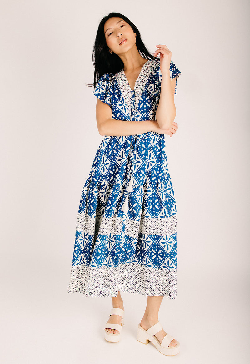 The Marcelle Patterned Midi Dress in Blue – Piper & Scoot The Marcelle Patterned Midi Dress in Blue – Piper & Scoot