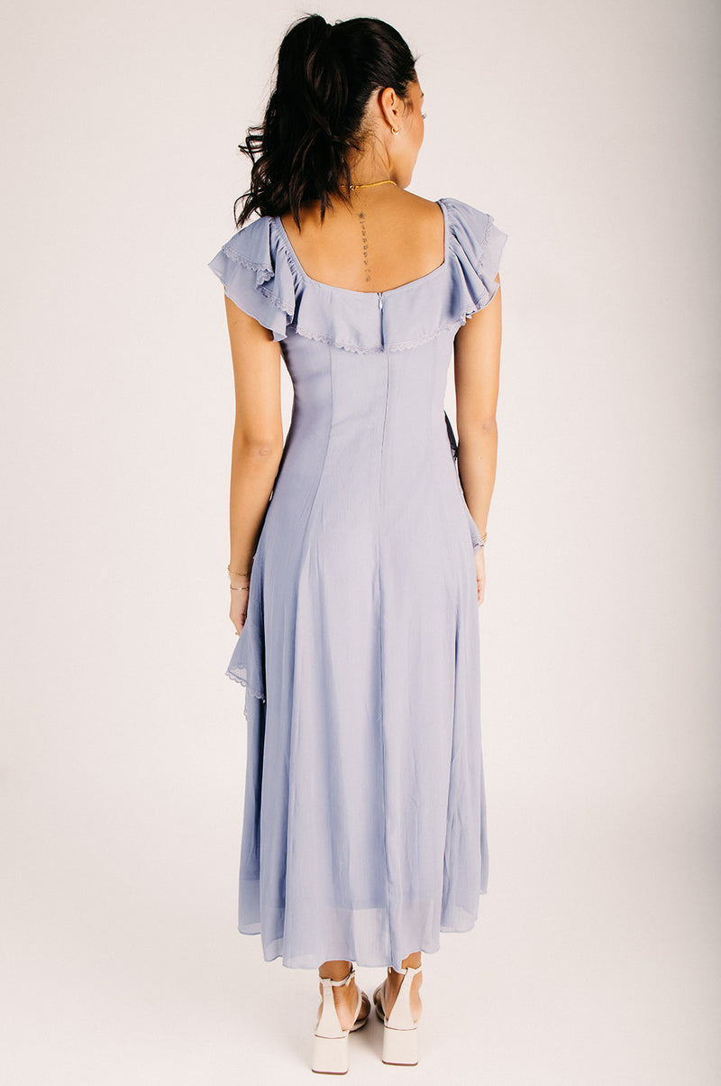 dusty blue maxi dress The Tenorio Ruffle Detail Maxi Dress in Dusty Blue – Piper & Scoot
