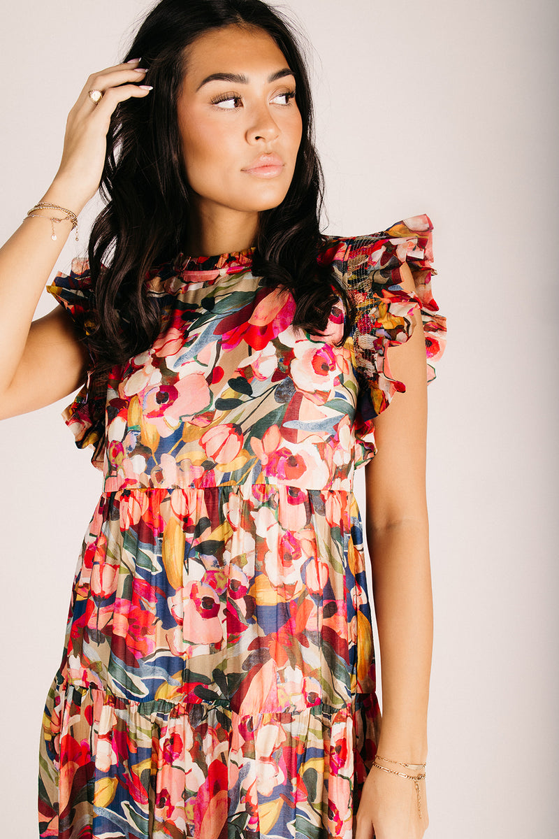 The Sampair Ruffle Sleeve Midi Dress in Floral Multi Small