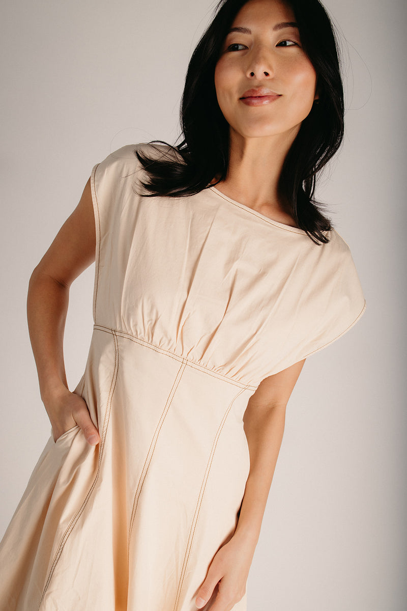 stacci midi dress in beige & cream Structured Cream Midi Dress | Trendy Women's Clothing