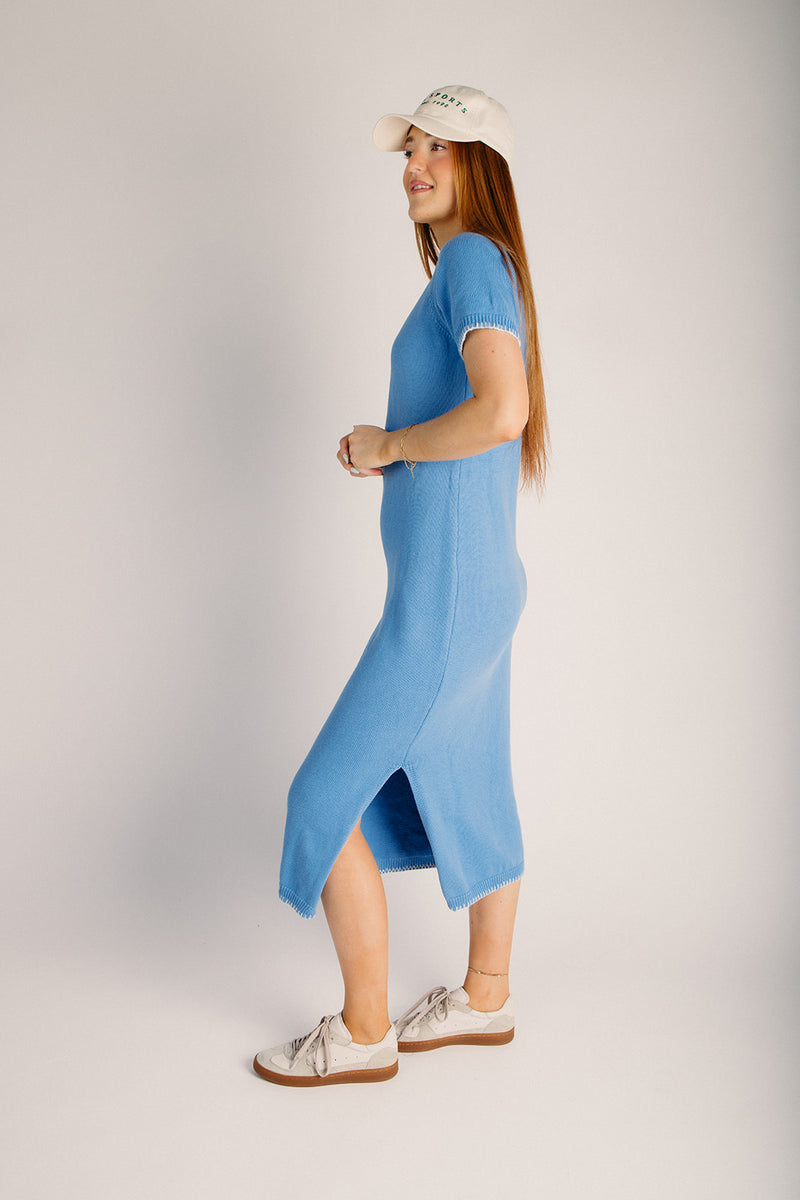 The Wilmer Stitch Detail Midi Sweater Dress in Blue + White Large