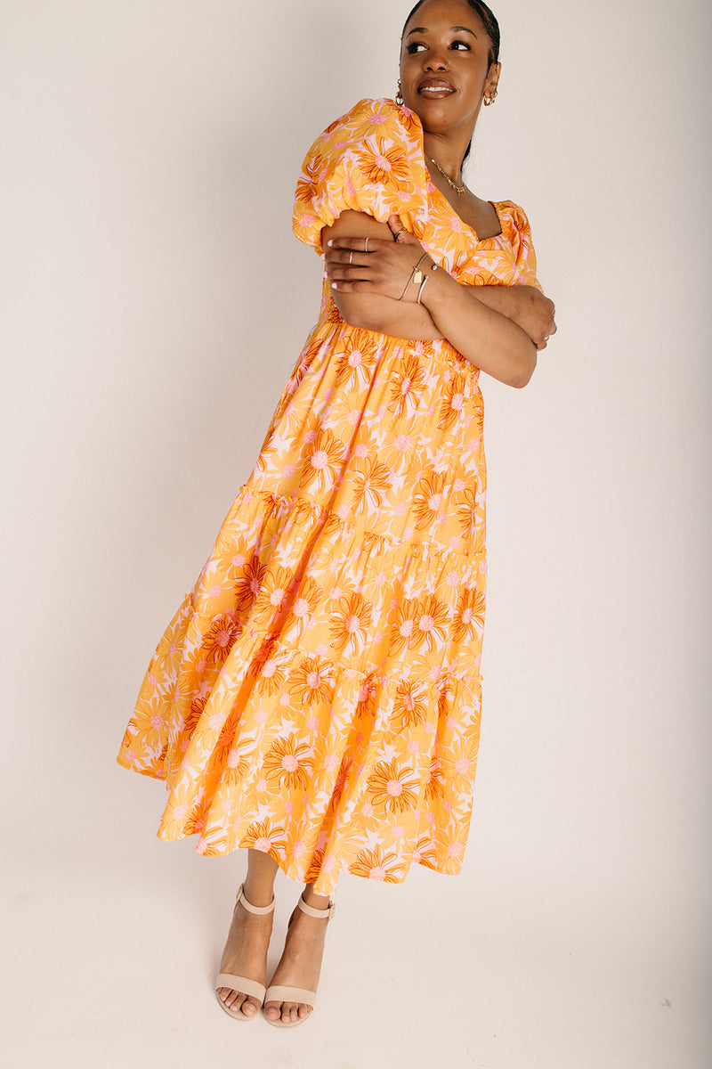 The Skoro Puff Sleeve Midi Dress in Pink Floral – Piper & Scoot