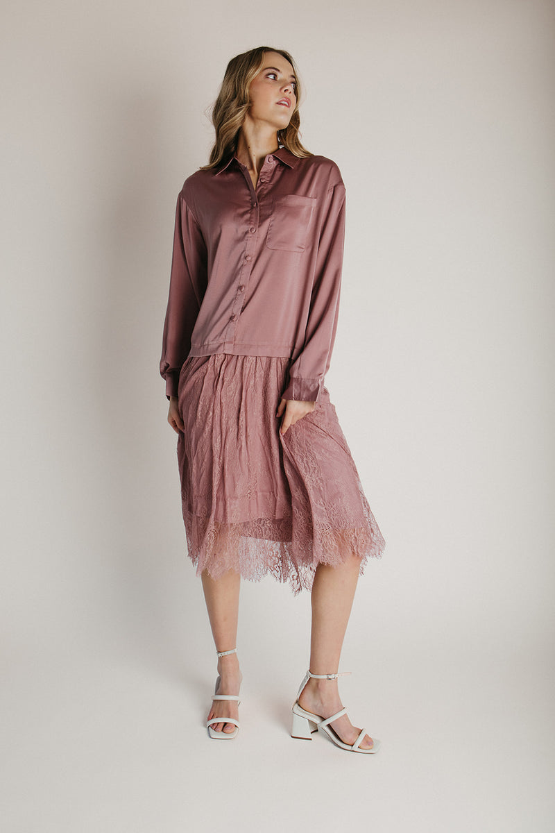 The Illiana Mixed Satin + Lace Midi Dress in Mauve Medium The Illiana Mixed Satin + Lace Midi Dress in Mauve Medium