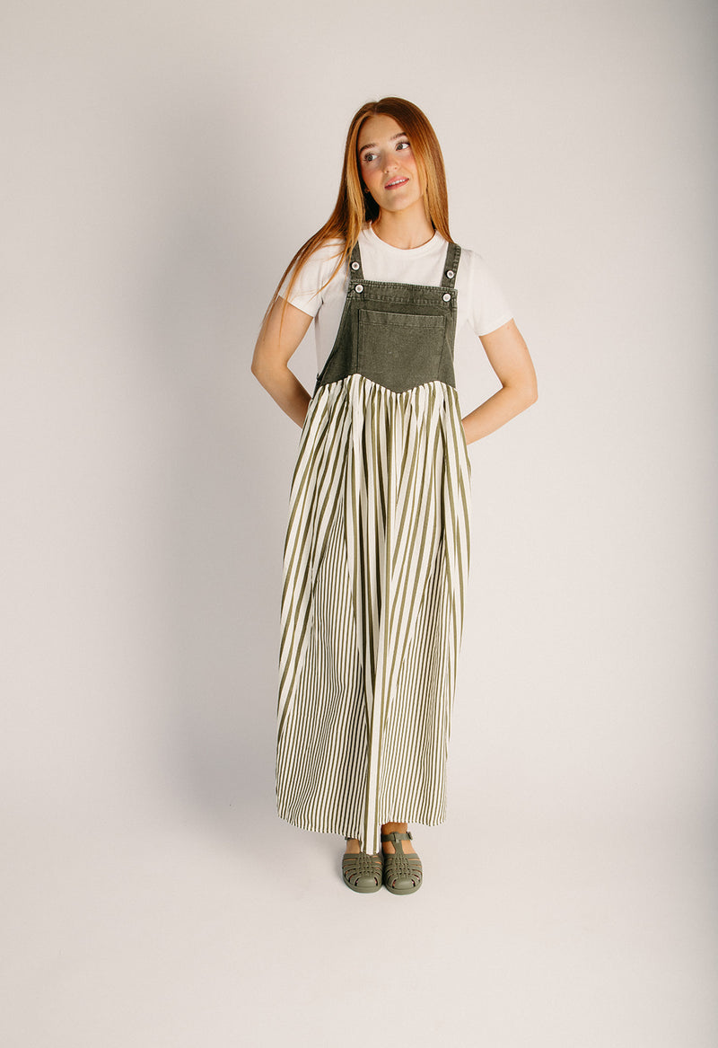 The Hellen Denim Overall Dress in Washed Olive Large