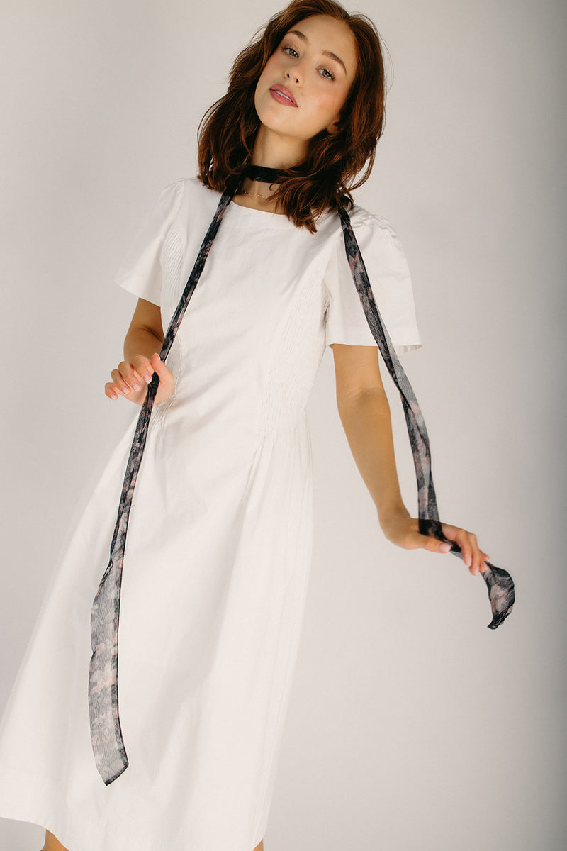 white smocked midi dress The Lettie Smocked Side Midi Dress in White – Piper & Scoot