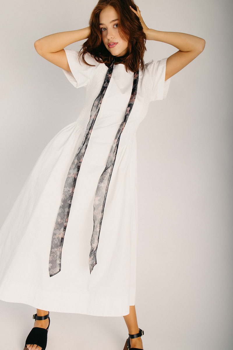 The Lettie Smocked Side Midi Dress in White – Piper & Scoot The Lettie Smocked Side Midi Dress in White – Piper & Scoot