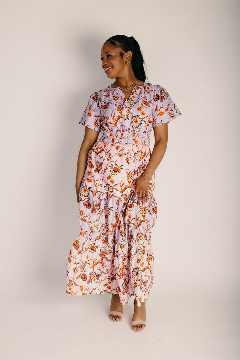 The Lunsford Tiered Paisley Midi Dress in Lavender Multi – Piper & Scoot