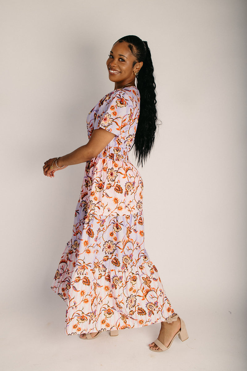 The Lunsford Tiered Paisley Midi Dress in Lavender Multi Piper & Scoot The Lunsford Tiered Paisley Midi Dress in Lavender Multi Piper & Scoot