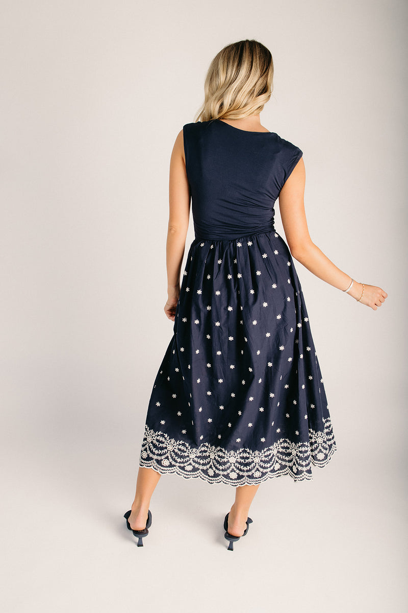 The Wiggins Scoop Neck Embroidered Dress in Navy Large The Wiggins Scoop Neck Embroidered Dress in Navy Large