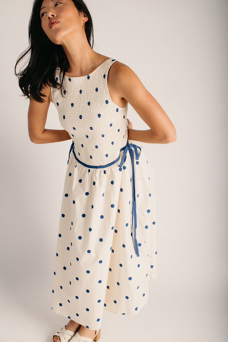 The Jackie Polka Dot Midi Dress in Cream + Navy Large The Jackie Polka Dot Midi Dress in Cream + Navy Large