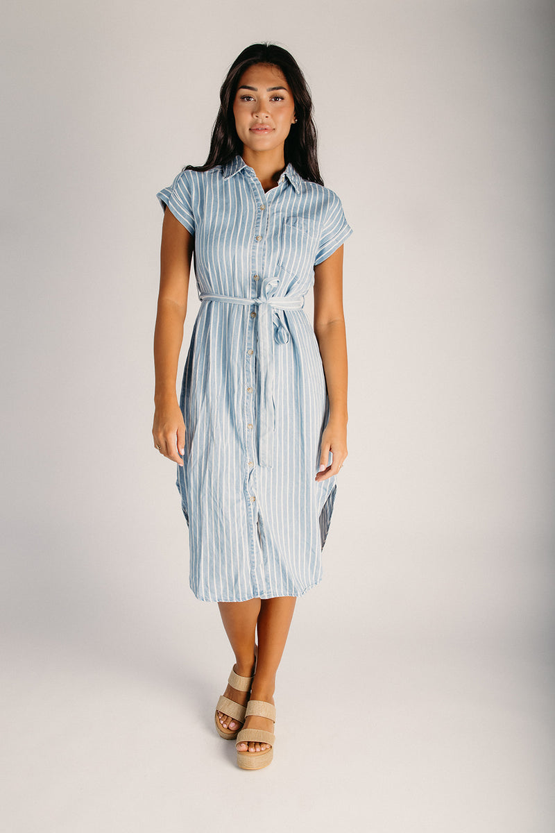 slim fit dress slacks The Capra Striped Midi Dress in Chambray – Piper & Scoot