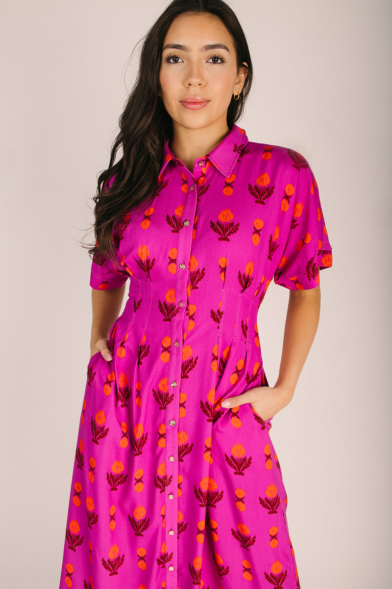 The Burrup Patterned Button-Up Dress in Magenta Small The Burrup Patterned Button-Up Dress in Magenta Small