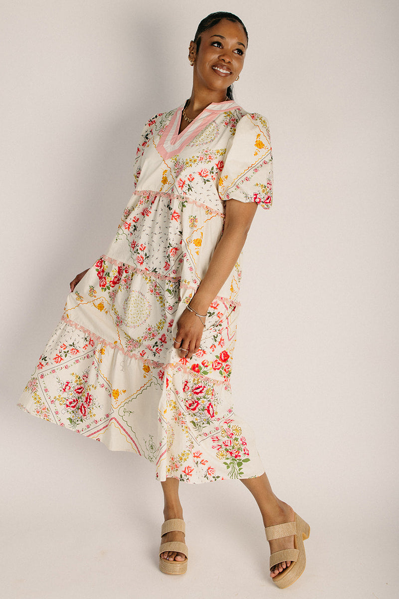The Blazen Tiered Midi Dress in Blush + Red Floral  Piper & Scoot