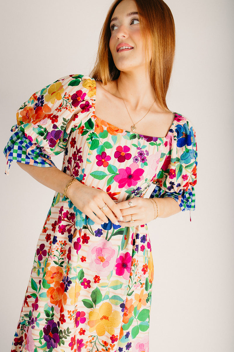 The Roylston Mixed Pattern Midi Dress in Carnival Bloom Piper & Scoot The Roylston Mixed Pattern Midi Dress in Carnival Bloom Piper & Scoot