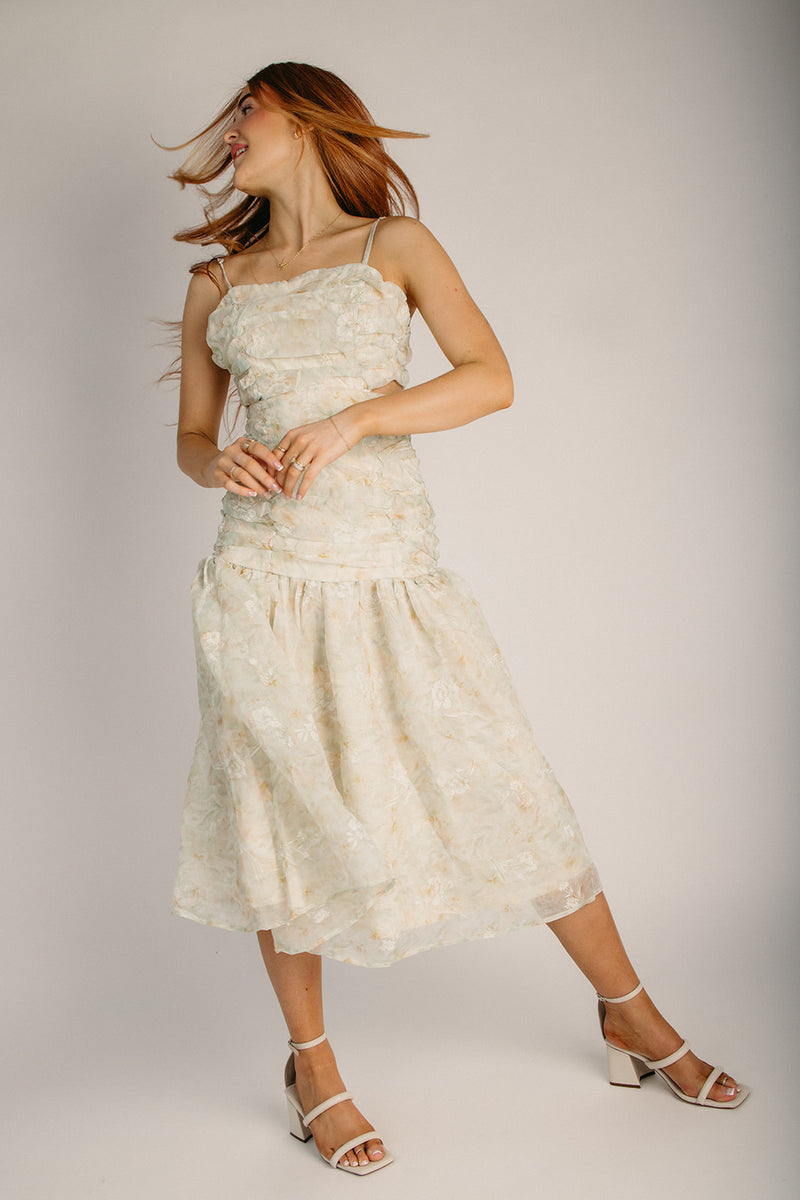 cream ruched midi dress Ruched muslin midi dress in cream