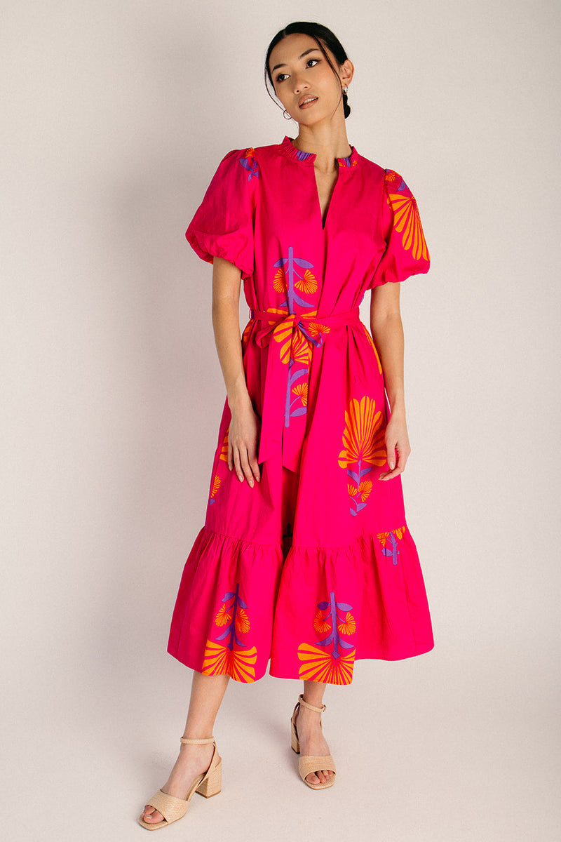 The Krane Puff Sleeve Midi Dress in Fuchsia + Orange X-Small The Krane Puff Sleeve Midi Dress in Fuchsia + Orange X-Small