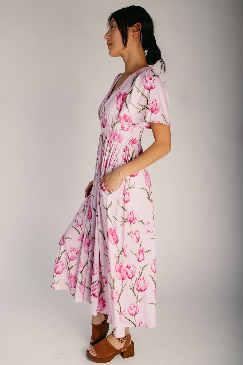 tulip midi dress Becca Short Sleeve 4% Spandex Green Tulip Print Midi Dress