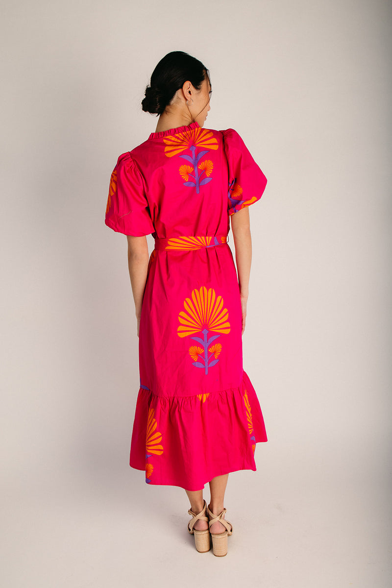 The Krane Puff Sleeve Midi Dress in Fuchsia + Orange – Piper & Scoot