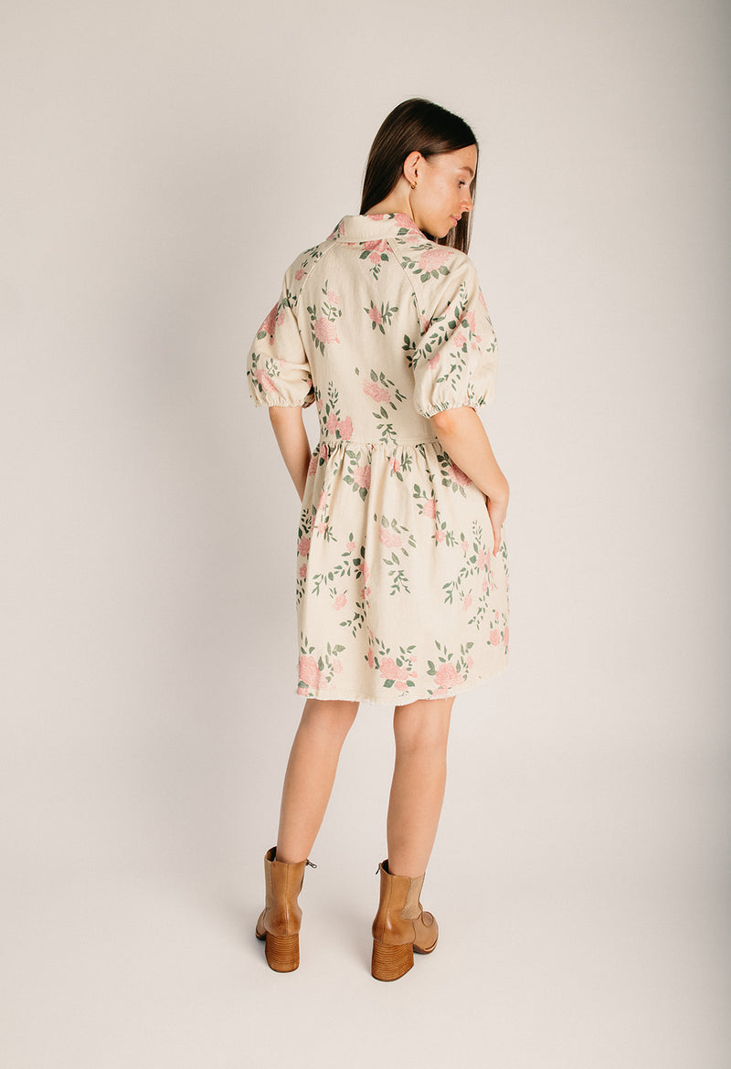 The Lerwick Floral Denim Shift Dress in Ecru + Blush Large