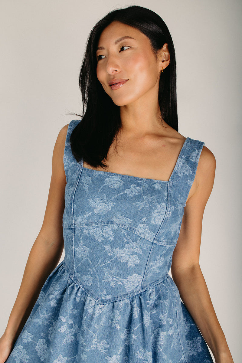 The Rickman Floral Jacquard Dress in Denim – Piper & Scoot