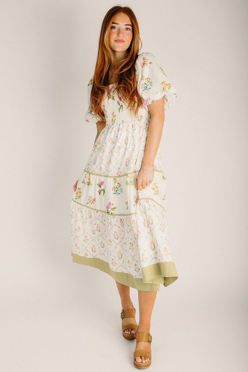 The Reyne Patterned Puff Sleeve Dress in Cream + Sage Piper & Scoot The Reyne Patterned Puff Sleeve Dress in Cream + Sage Piper & Scoot