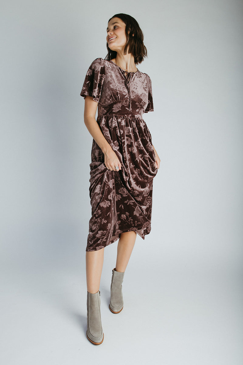 The Zeller Burnout Velvet Midi Dress in Dark Brown Small The Zeller Burnout Velvet Midi Dress in Dark Brown Small