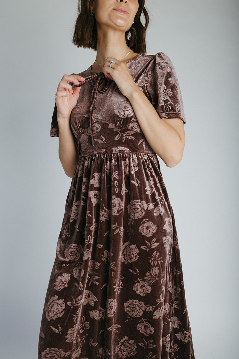 The Zeller Burnout Velvet Midi Dress in Dark Brown Small The Zeller Burnout Velvet Midi Dress in Dark Brown Small