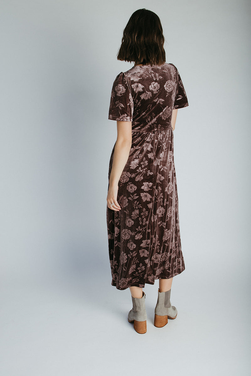 The Zeller Burnout Velvet Midi Dress in Dark Brown Small The Zeller Burnout Velvet Midi Dress in Dark Brown Small
