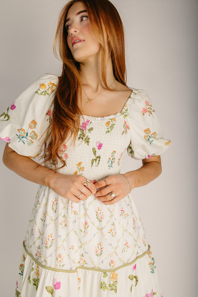 The Reyne Patterned Puff Sleeve Dress in Cream + Sage – Piper & Scoot