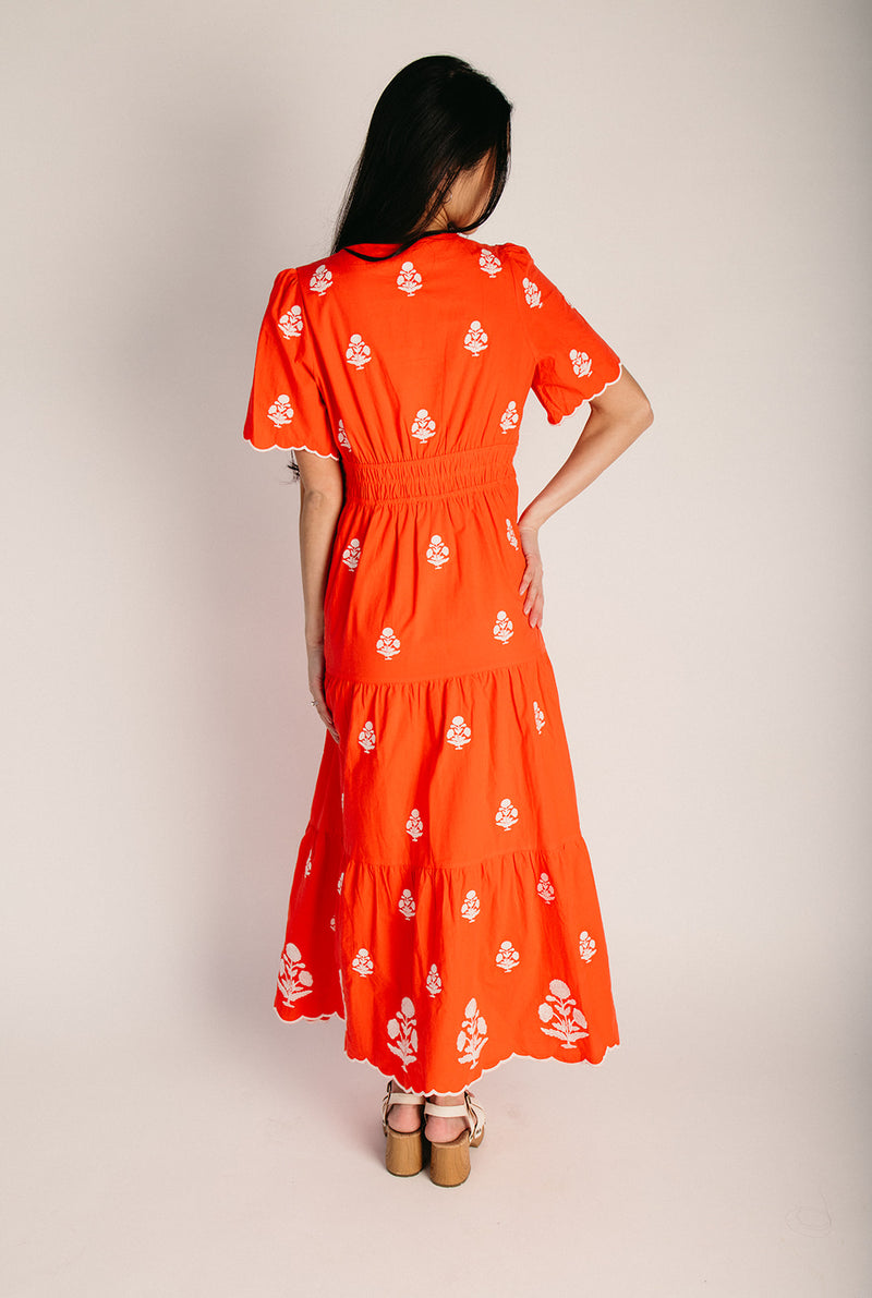 The Lundell Embroidered Maxi Dress in Tomato Small