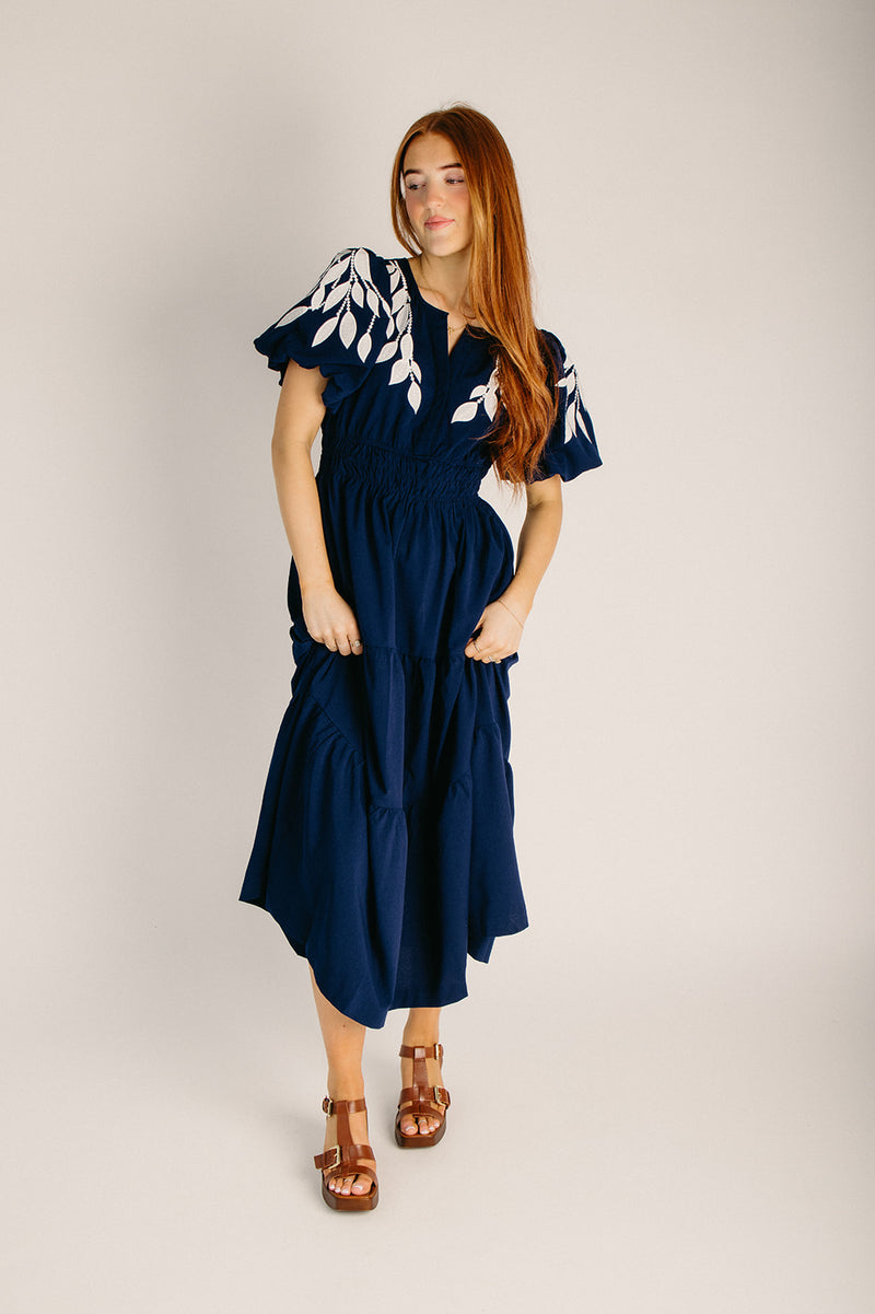 The Nicki Embroidered Midi Dress in Navy Piper & Scoot The Nicki Embroidered Midi Dress in Navy Piper & Scoot
