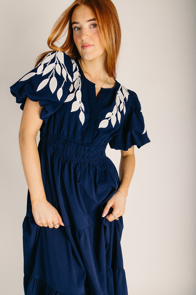 embroidered navy dress Darcey Embroidered Maxi Dress Navy / S