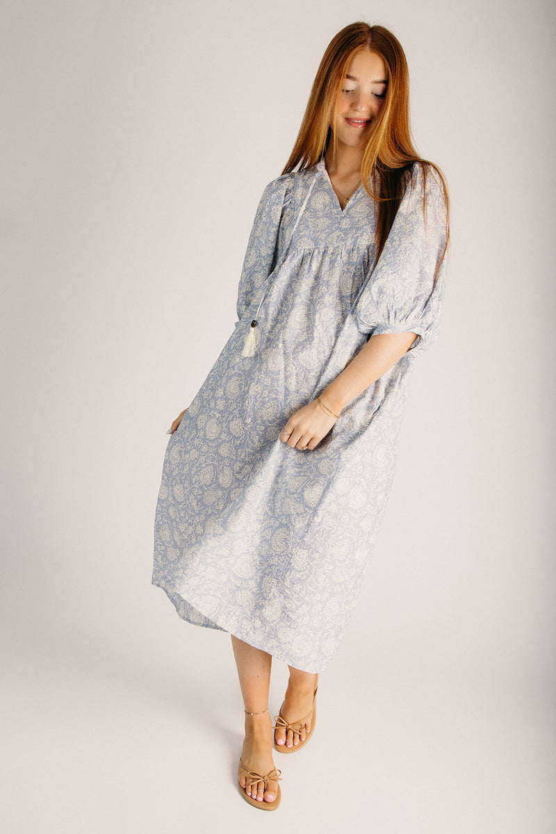womens boho midi dress The Cordura Printed Boho Midi Dress in Powder Blue Small