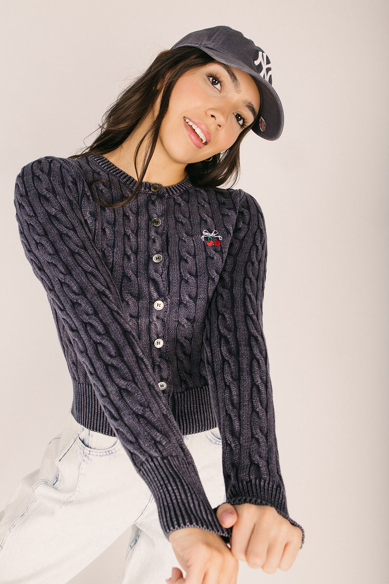 The Johnny Cherry Embroidered Cable Knit Cardigan in Washed Navy
