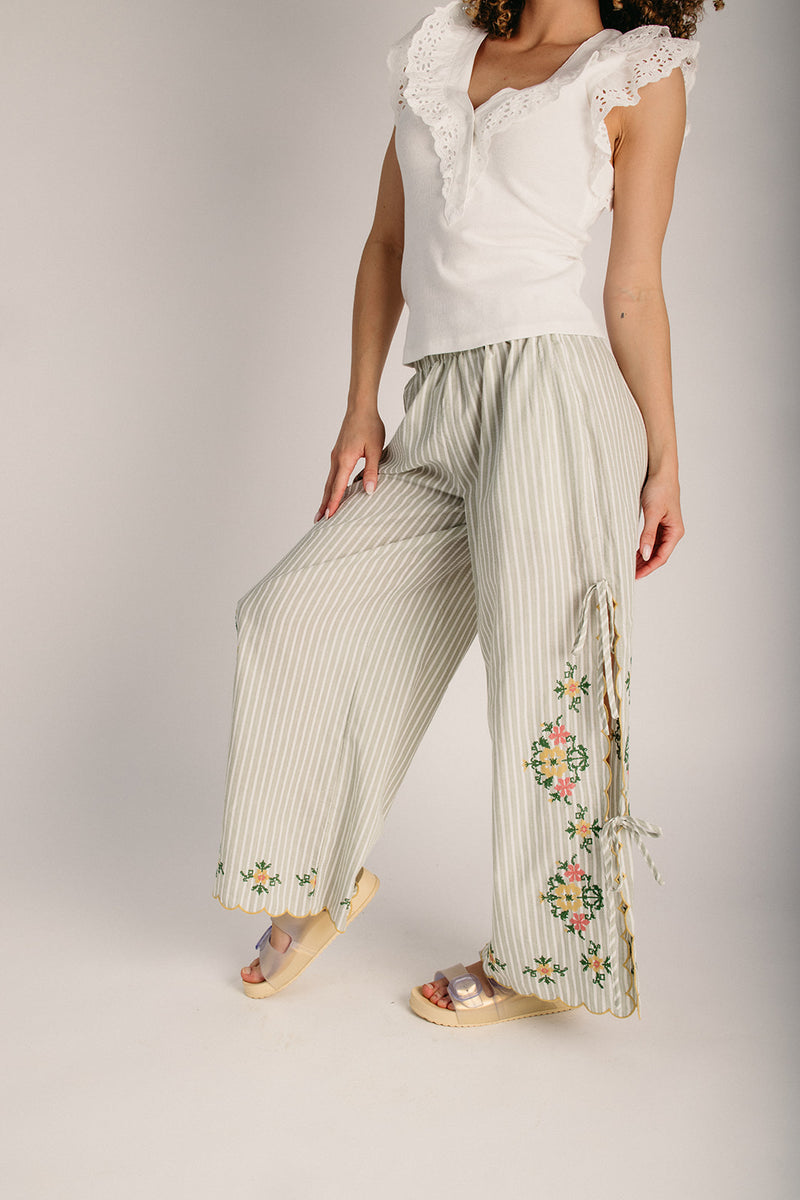embroidered dress pants The Exler Floral Embroidered Pant in Sage