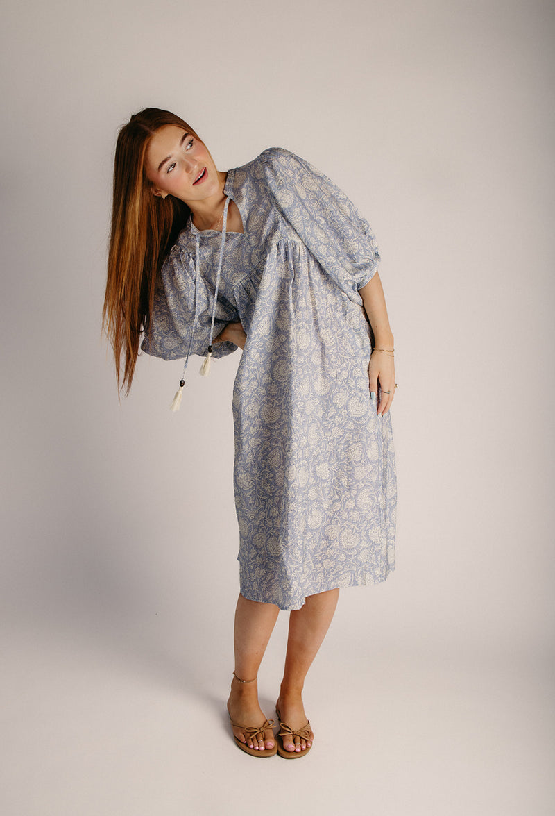 boho midi dress with sleeves The Cordura Printed Boho Midi Dress in Powder Blue – Piper & Scoot