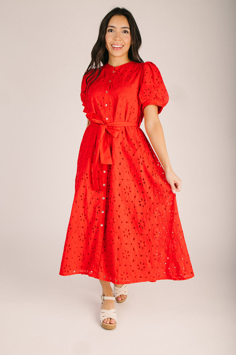 The Courogen Button-Up Eyelet Midi Dress in Red – Piper & Scoot