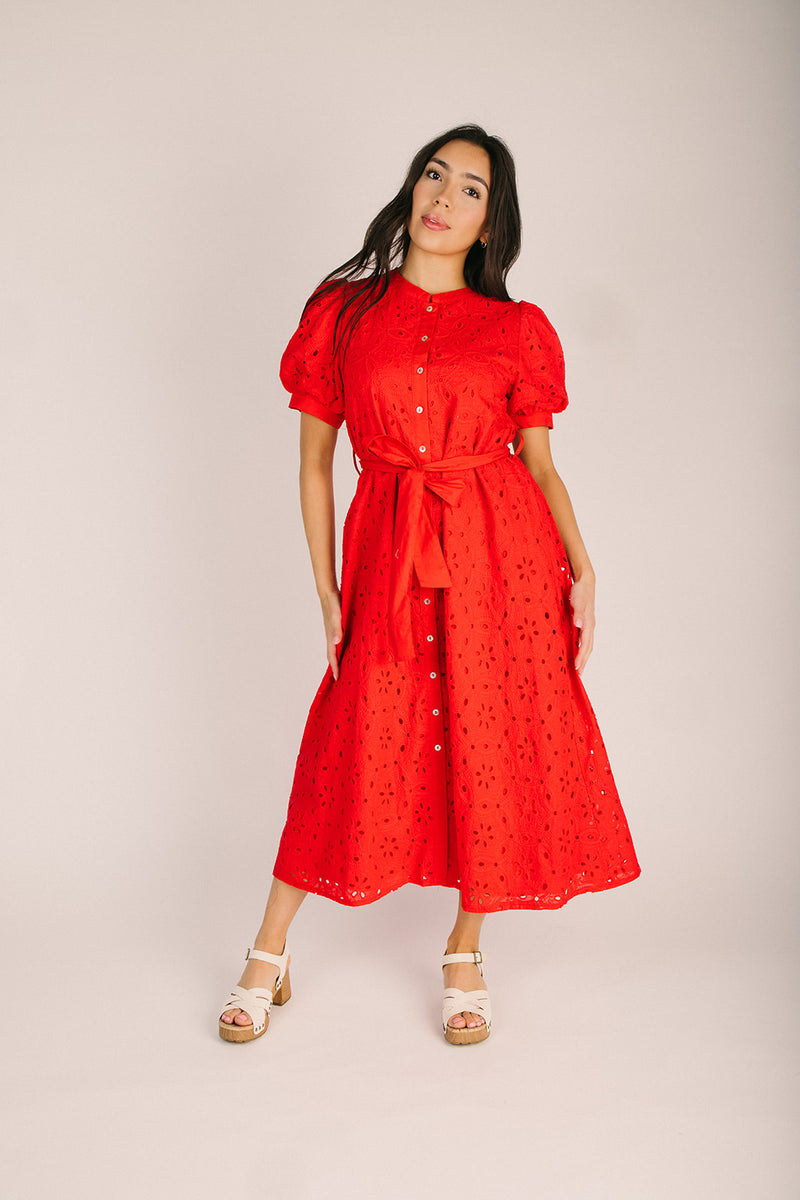 strapless open back dress The Courogen Button-Up Eyelet Midi Dress in Red – Piper & Scoot