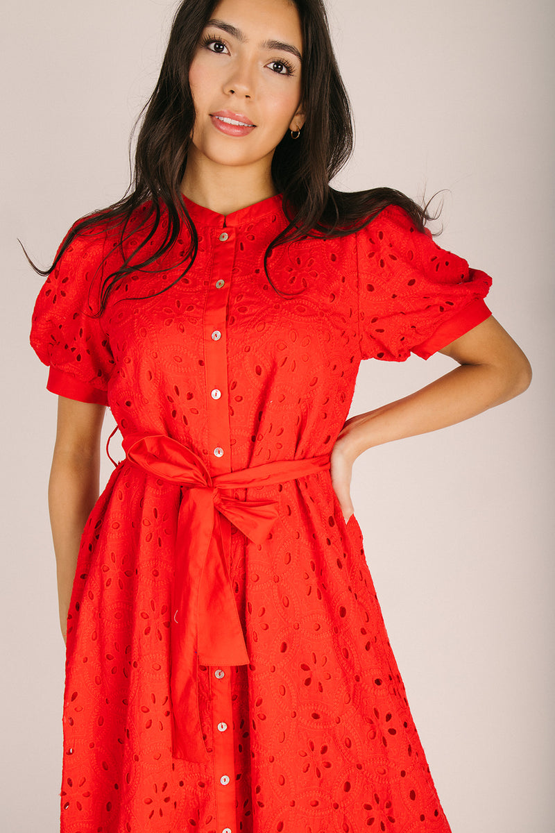 The Courogen Button-Up Eyelet Midi Dress in Red Piper & Scoot The Courogen Button-Up Eyelet Midi Dress in Red Piper & Scoot