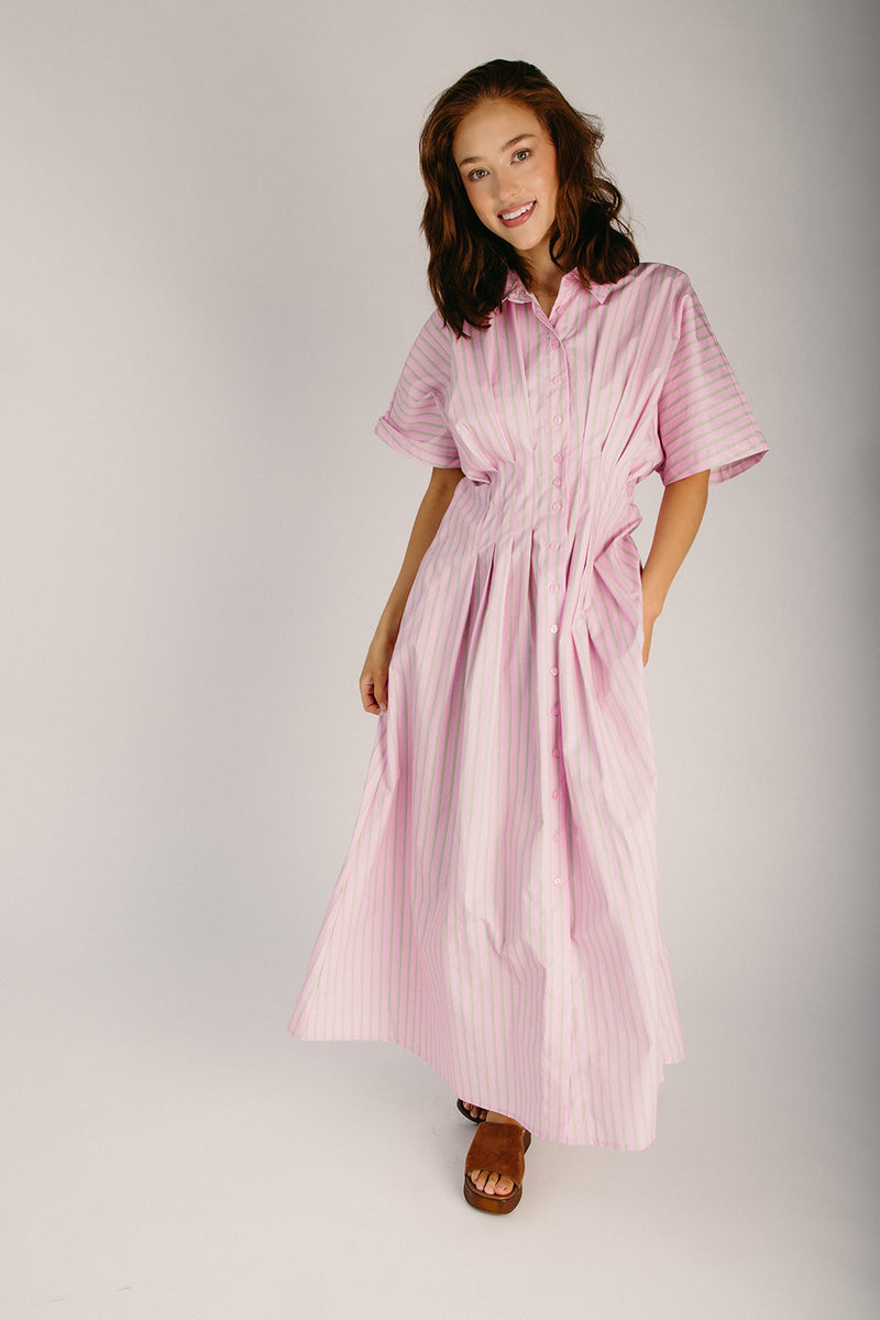 The Hattaway Button-Up Midi Dress in Pink + Green Stripe Piper & Scoot The Hattaway Button-Up Midi Dress in Pink + Green Stripe Piper & Scoot
