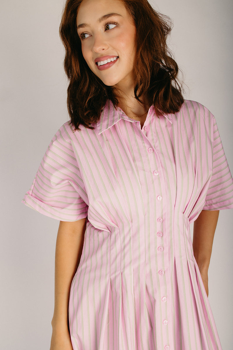 The Hattaway Button-Up Midi Dress in Pink + Green Stripe The Hattaway Button-Up Midi Dress in Pink + Green Stripe