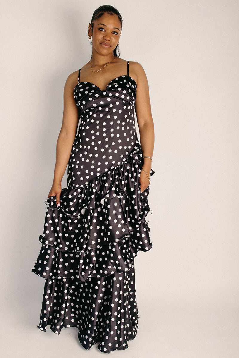 polka dot maxi dress black and white The Albano Satin Polka Dot Maxi Dress in Black + White – Piper & Scoot